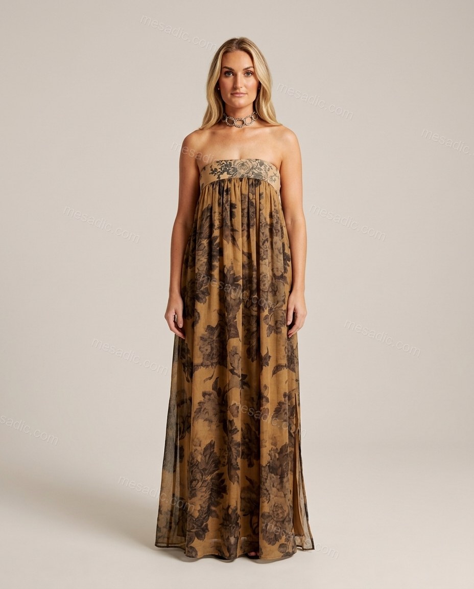 Tan Floral Maxi Strapless Dress, front studio view, by mesadic.com