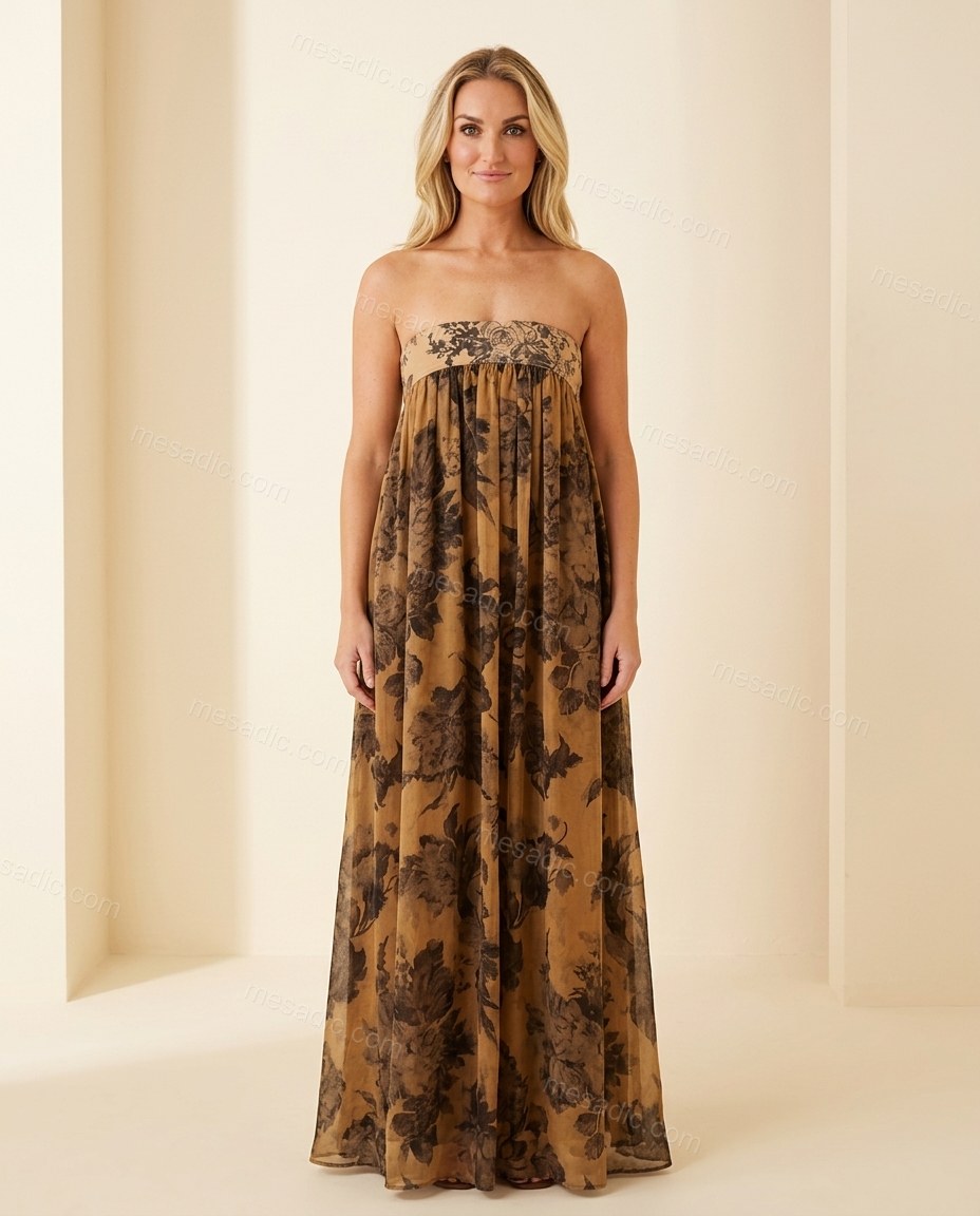 Tan Floral Maxi Strapless Dress, full-length hero view, by mesadic.com