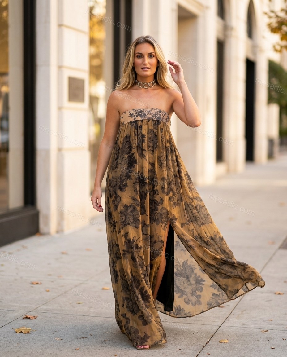 Tan Floral Maxi Strapless Dress, movement and fit lifestyle view, by mesadic.com