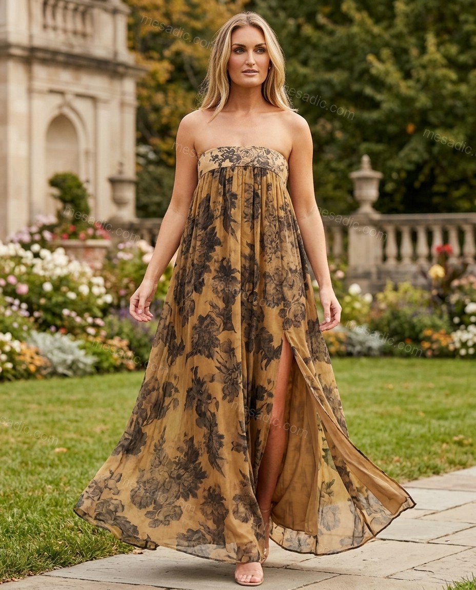 Tan Floral Maxi Strapless Dress, walking lifestyle view, by mesadic.com