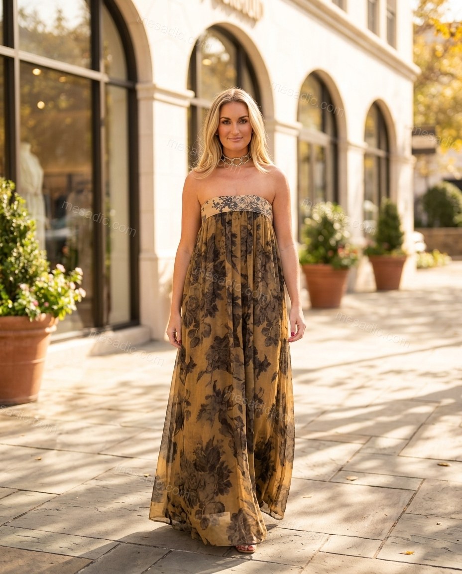 Tan Floral Maxi Strapless Dress, three-quarter brand lifestyle view, by mesadic.com