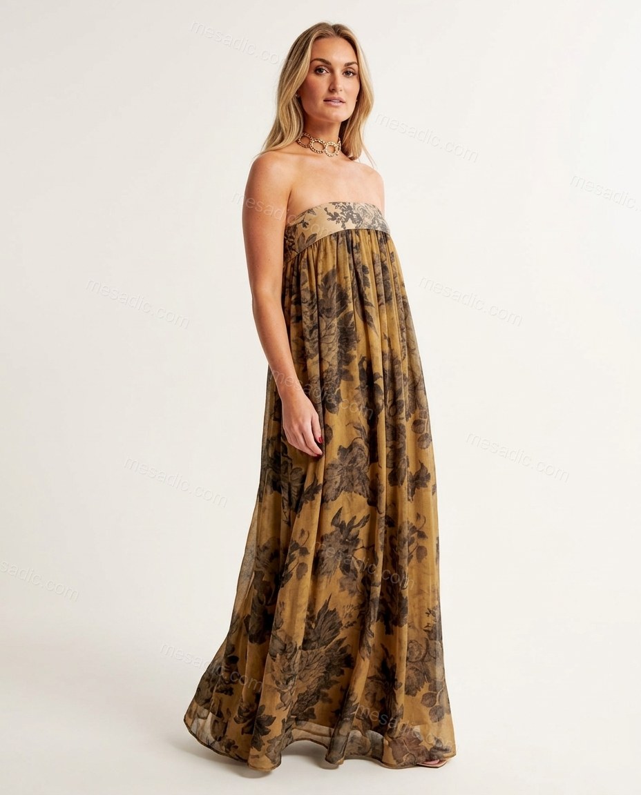 Tan Floral Maxi Strapless Dress, side and back studio view, by mesadic.com