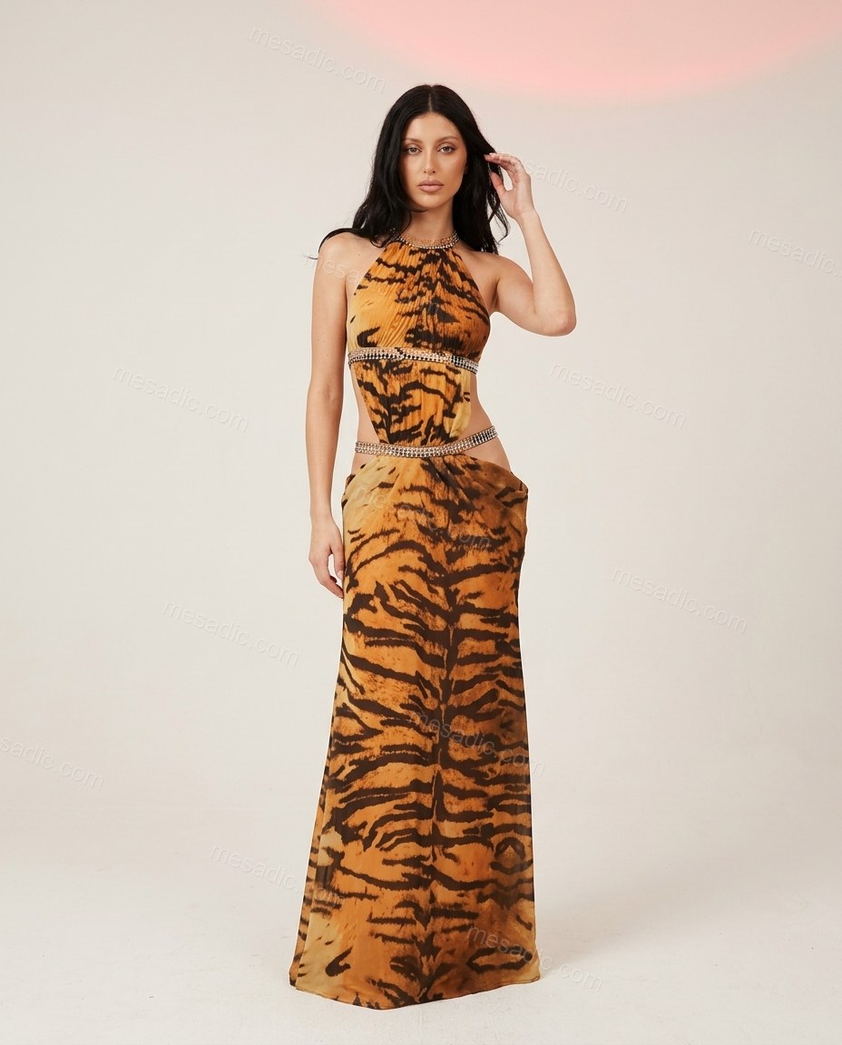Orange Animal Print Halter Rhinestone Dress, front studio view, by mesadic.com