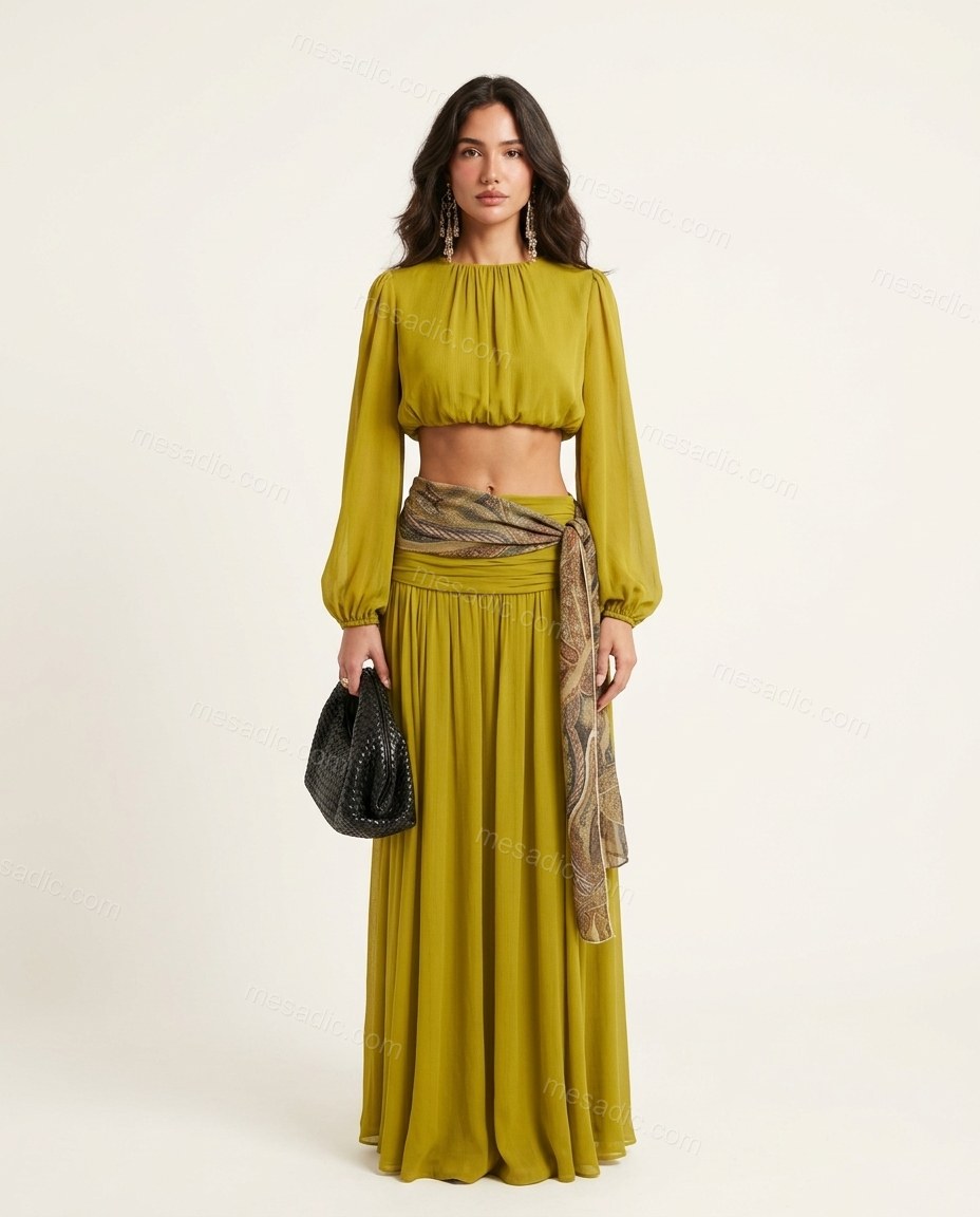 Chartreuse Maxi Top & Skirt Set, front studio view, by mesadic.com