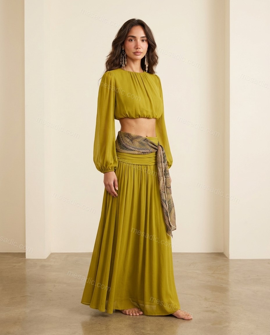 Chartreuse Maxi Top & Skirt Set, full-length hero view, by mesadic.com
