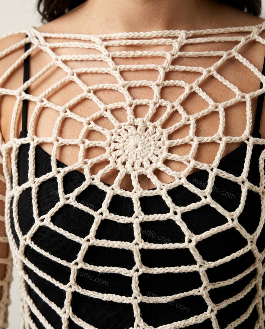 Off-white Mini Knit Crochet Dress, close-up of crochet construction, open-knit design and central spider motif at neckline, by mesadic.com