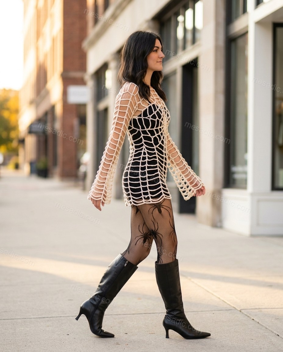 Off-white Mini Knit Crochet Dress, walking lifestyle view, by mesadic.com