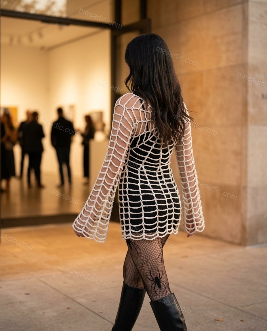 Off-white Mini Knit Crochet Dress, movement and fit lifestyle view, by mesadic.com