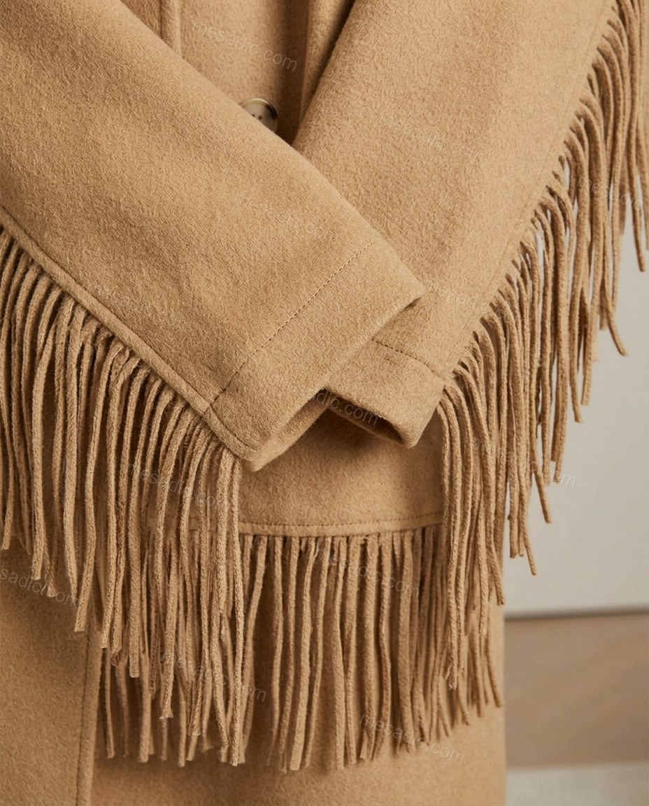 Tan Fringe Coat, close-up of fringed sleeves, fringed hem and button closure, by mesadic.com