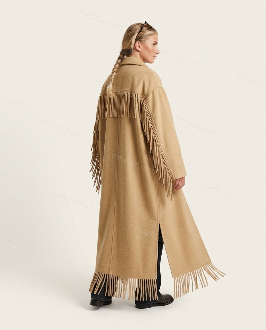Tan Fringe Coat, back studio view showing fringe across the back yoke, straight silhouette, by mesadic.com