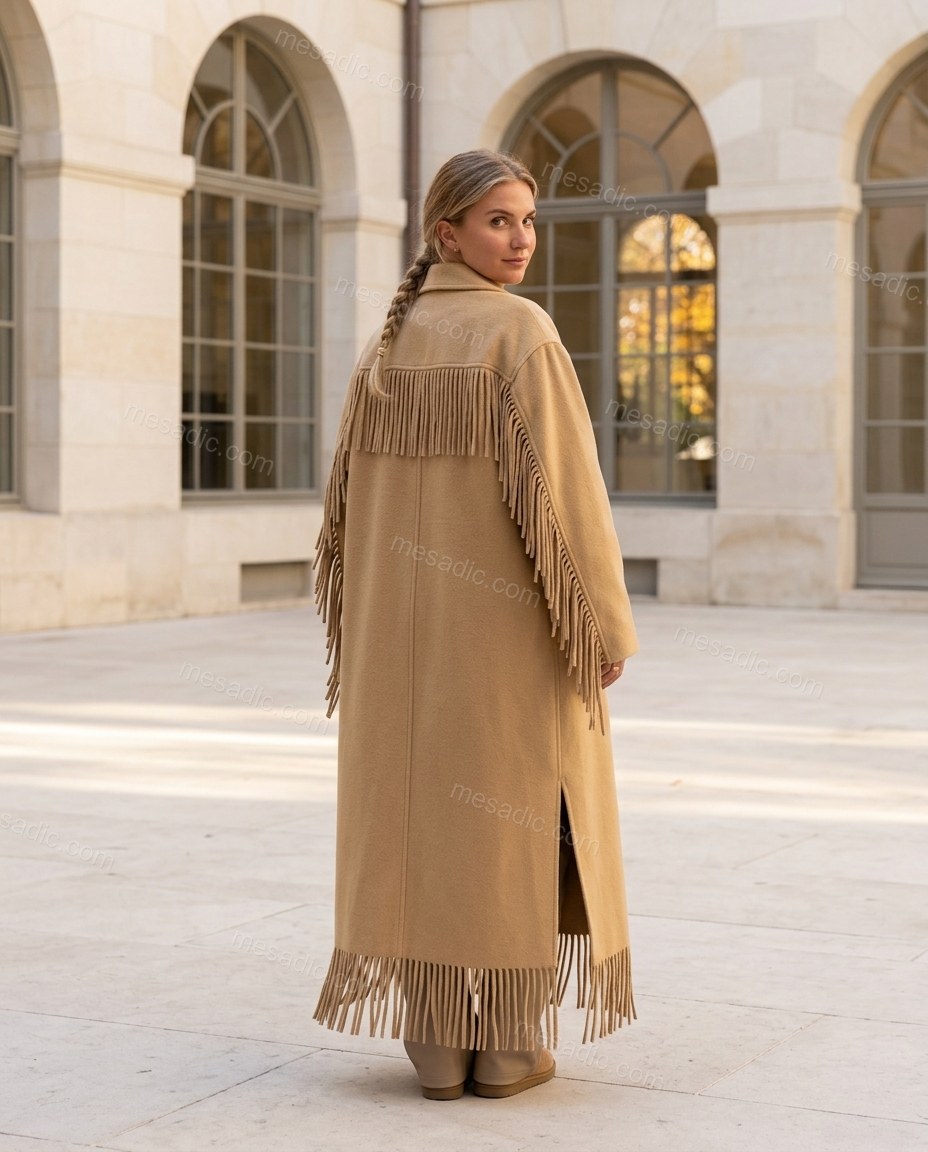 Tan Fringe Coat, alternate use-case lifestyle view, by mesadic.com