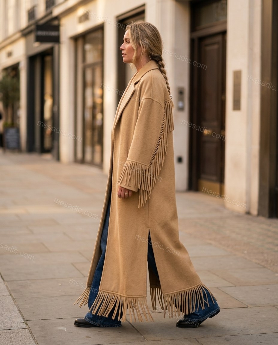 Tan Fringe Coat, walking lifestyle view, by mesadic.com