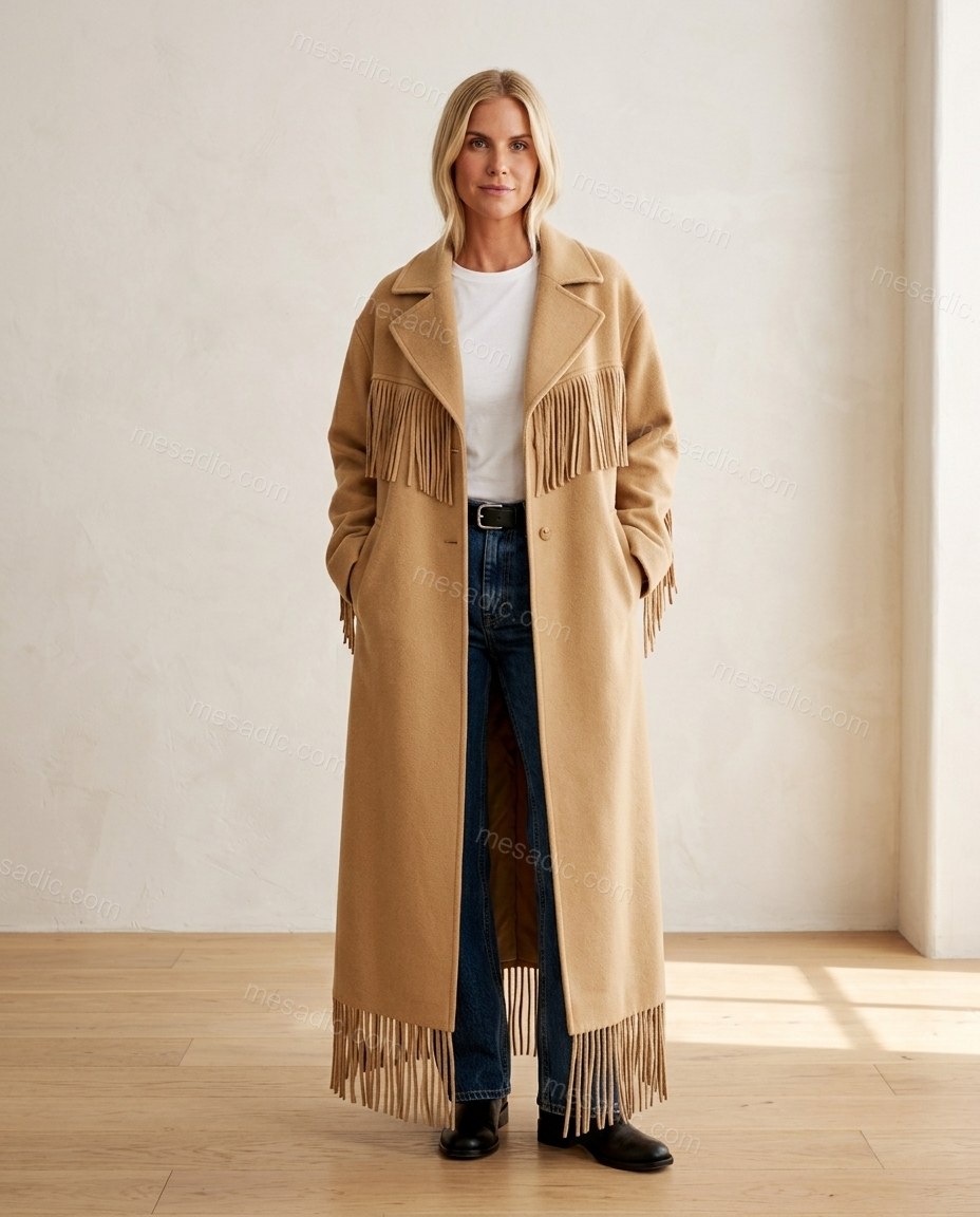 Tan Fringe Coat, full-length hero view, by mesadic.com