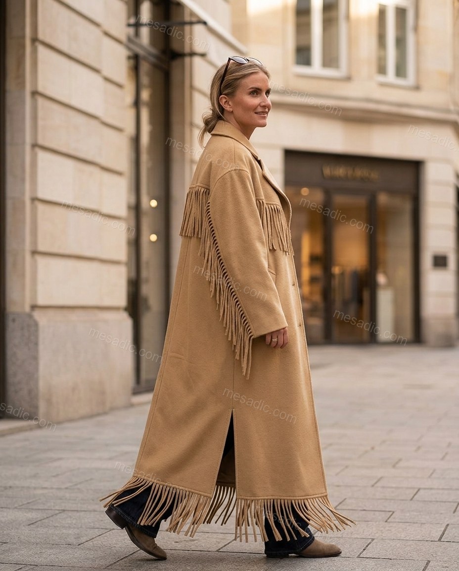 Tan Fringe Coat, movement and fit lifestyle view, by mesadic.com