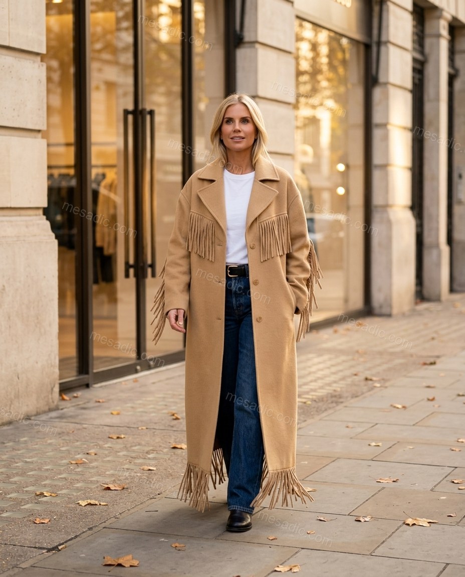 Tan Fringe Coat, three-quarter brand lifestyle view, by mesadic.com