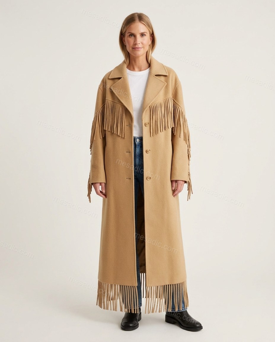 Tan Fringe Coat, front studio view, by mesadic.com