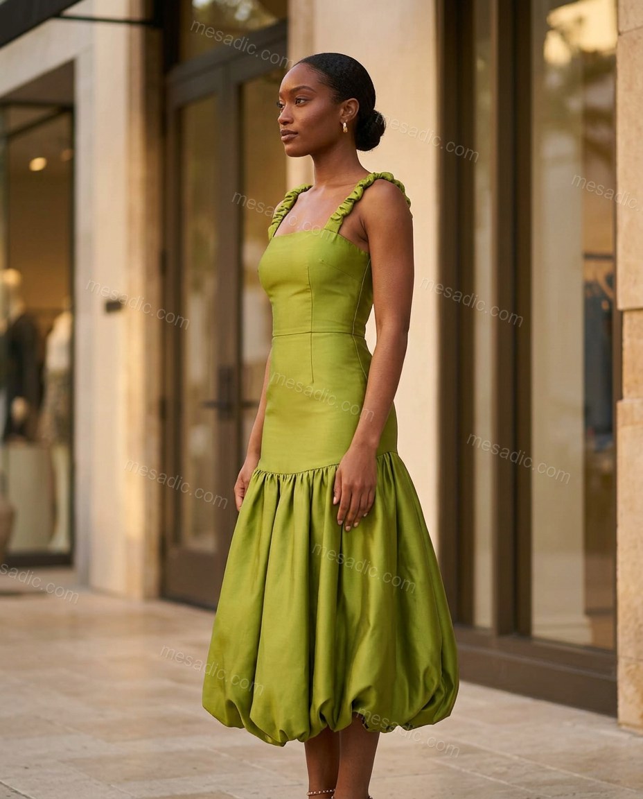 Lime Green Midi Satin Dress, three-quarter brand lifestyle view, by mesadic.com