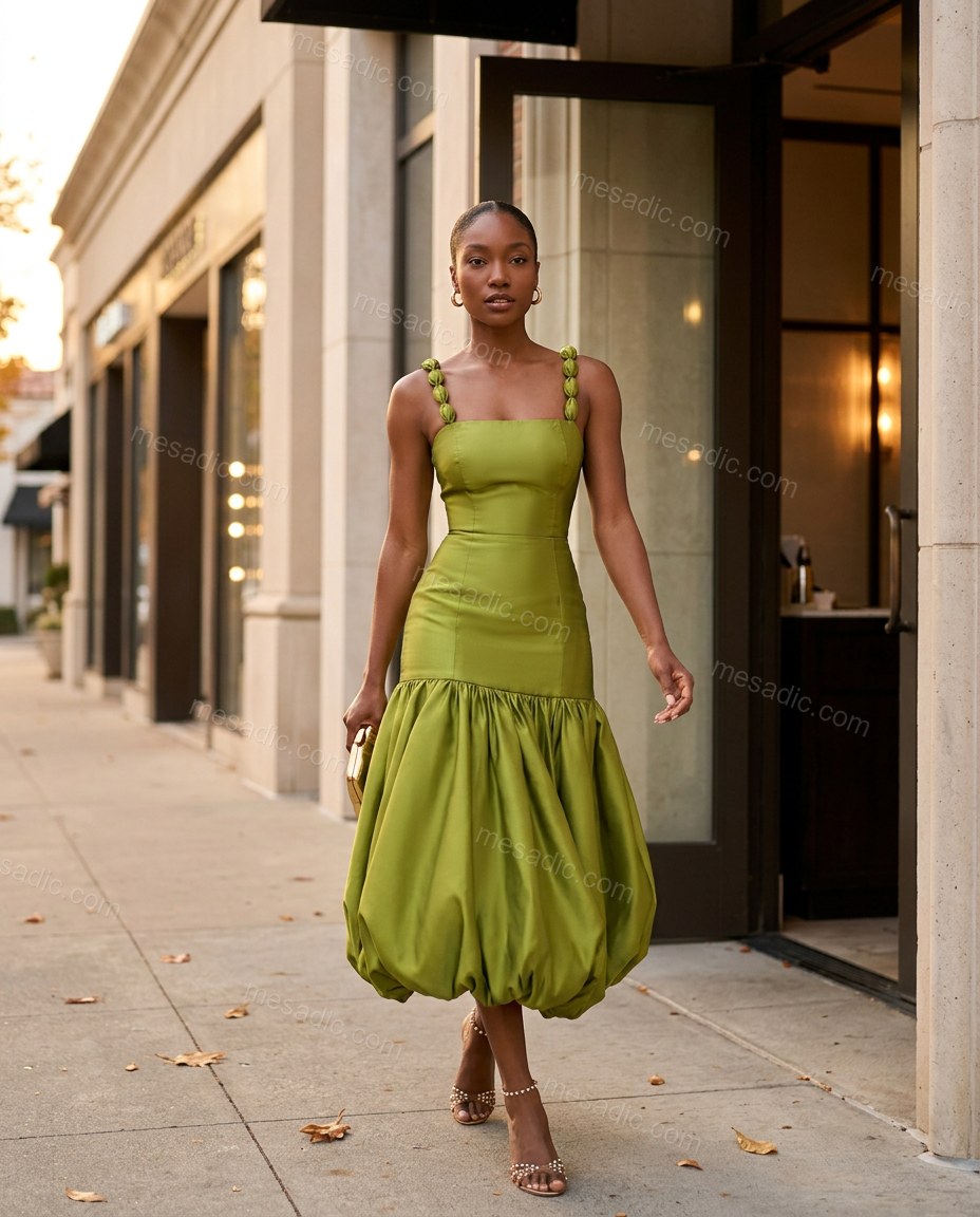 Lime Green Midi Satin Dress, alternate use-case lifestyle view, by mesadic.com