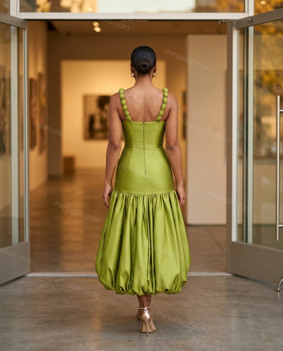 Lime Green Midi Satin Dress, movement and fit lifestyle view, by mesadic.com