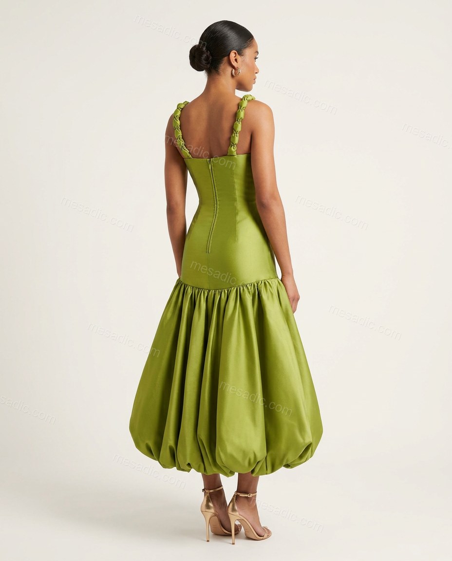 Lime Green Midi Satin Dress, back studio view, by mesadic.com