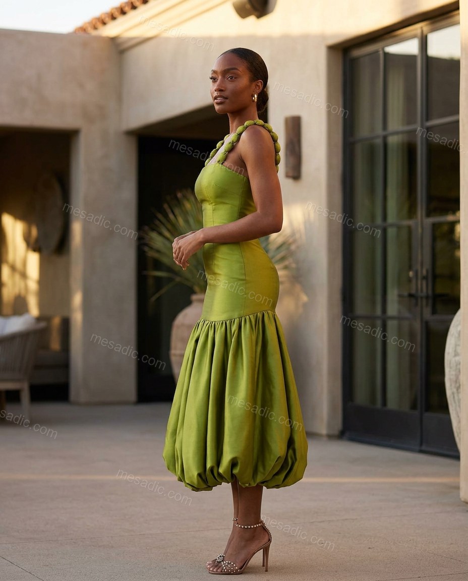 Lime Green Midi Satin Dress, walking lifestyle view, by mesadic.com