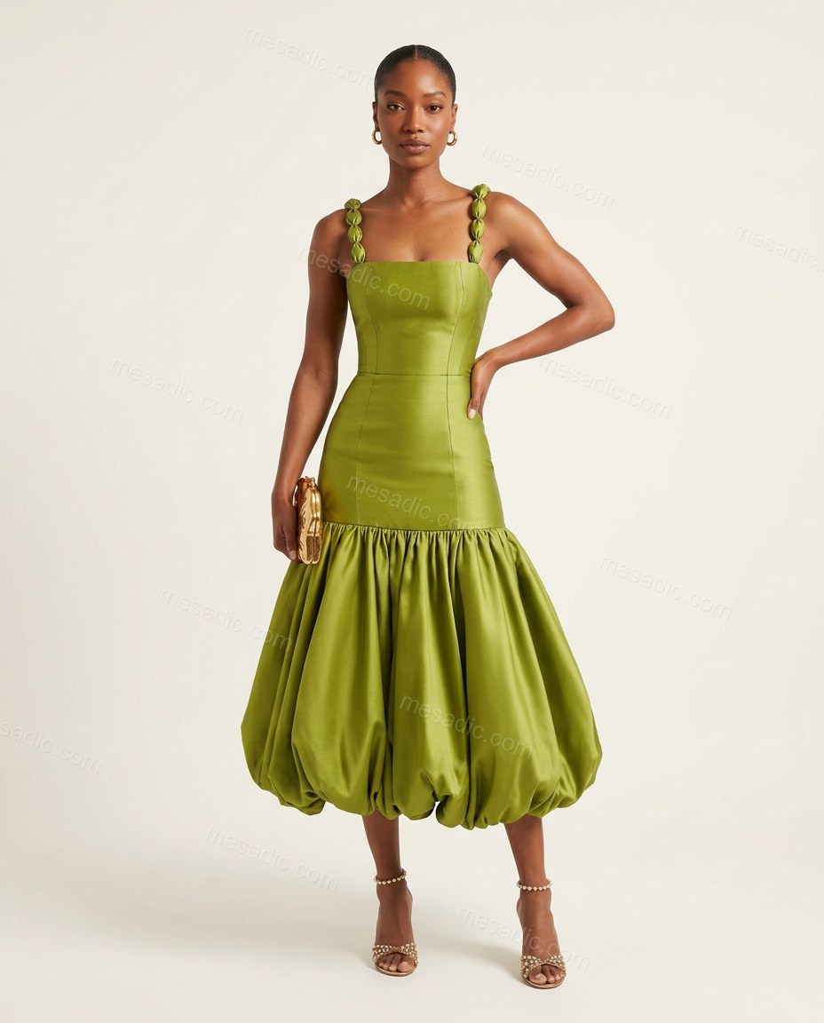 Lime Green Midi Satin Dress, front studio view, by mesadic.com
