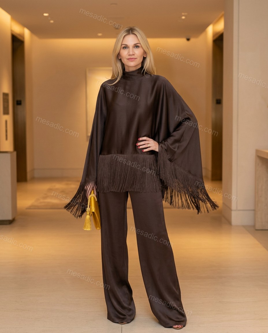 Dark Brown Cape Fringe Satin Pants Set, full-length hero view, by mesadic.com