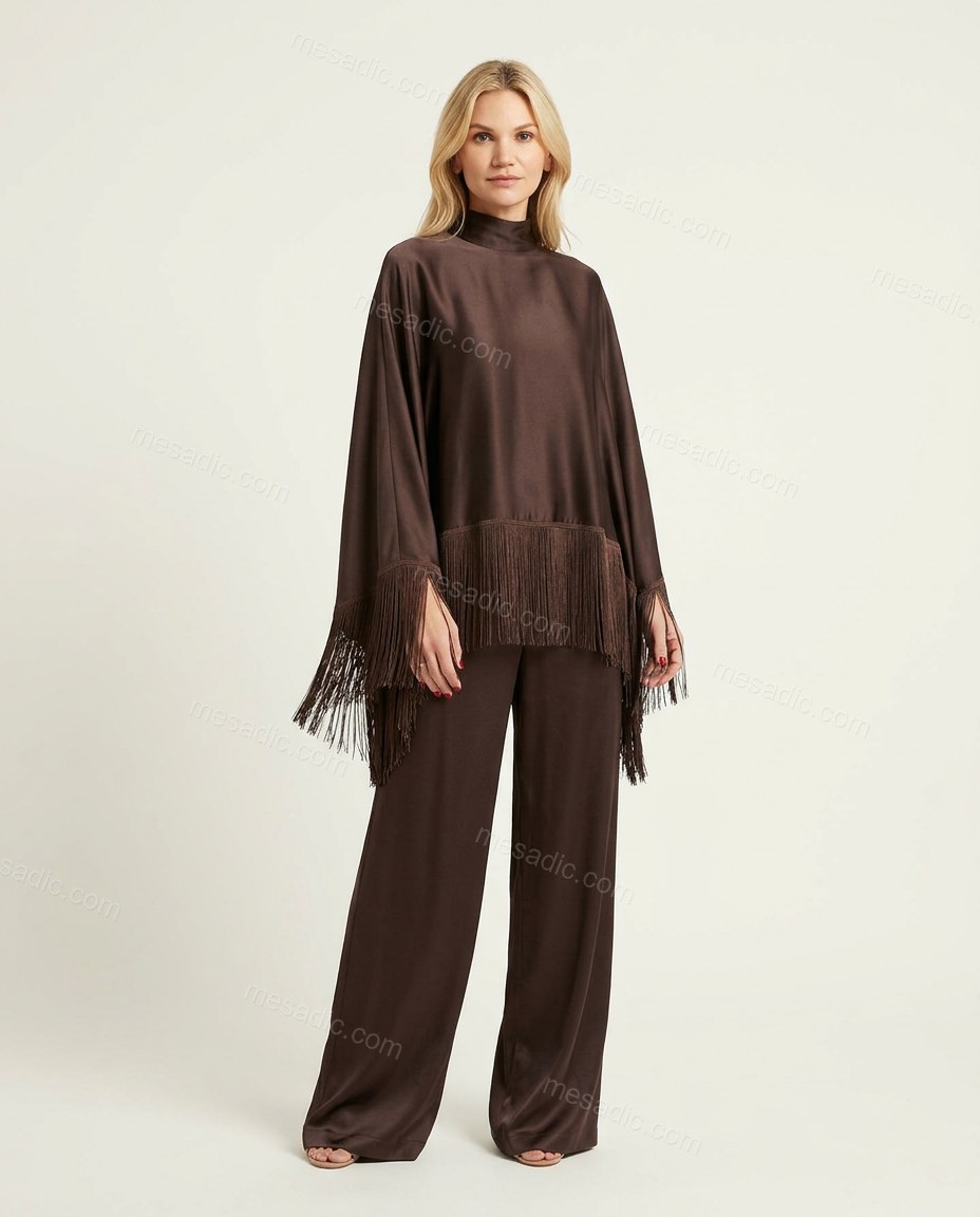 Dark Brown Cape Fringe Satin Pants Set, front studio view, by mesadic.com