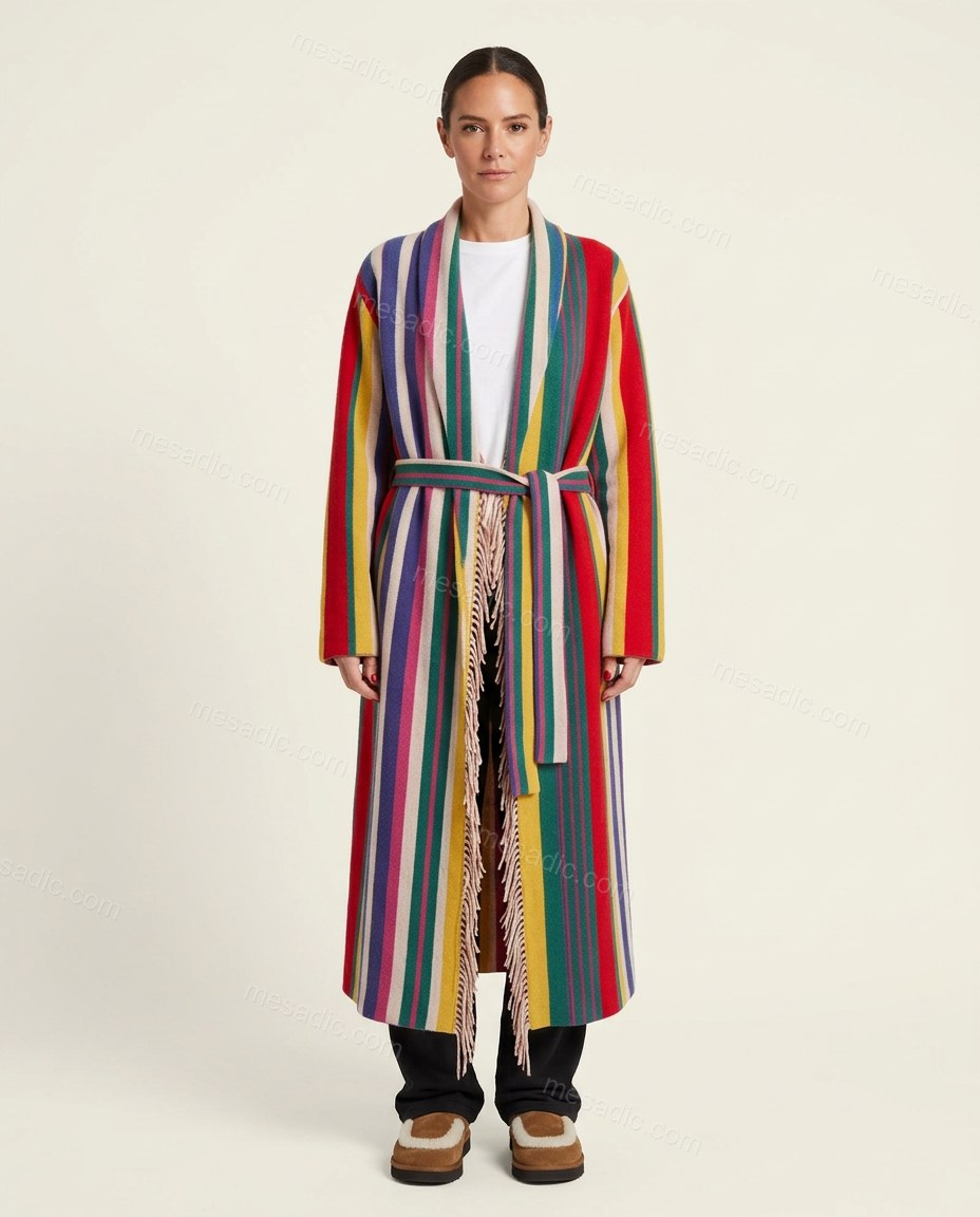 Multi-Color Striped Fringe Outerwear, front studio view, by mesadic.com
