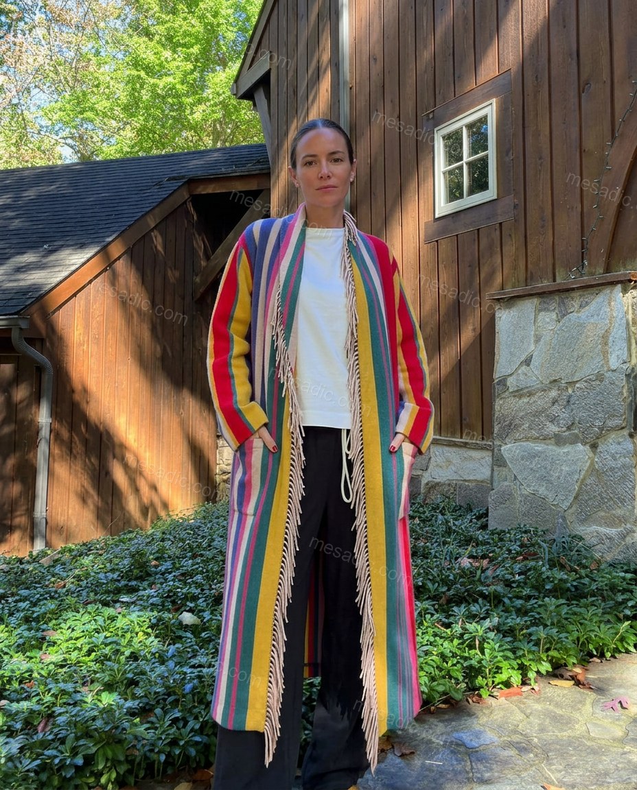 Multi-Color Striped Fringe Outerwear, full-length hero view, by mesadic.com
