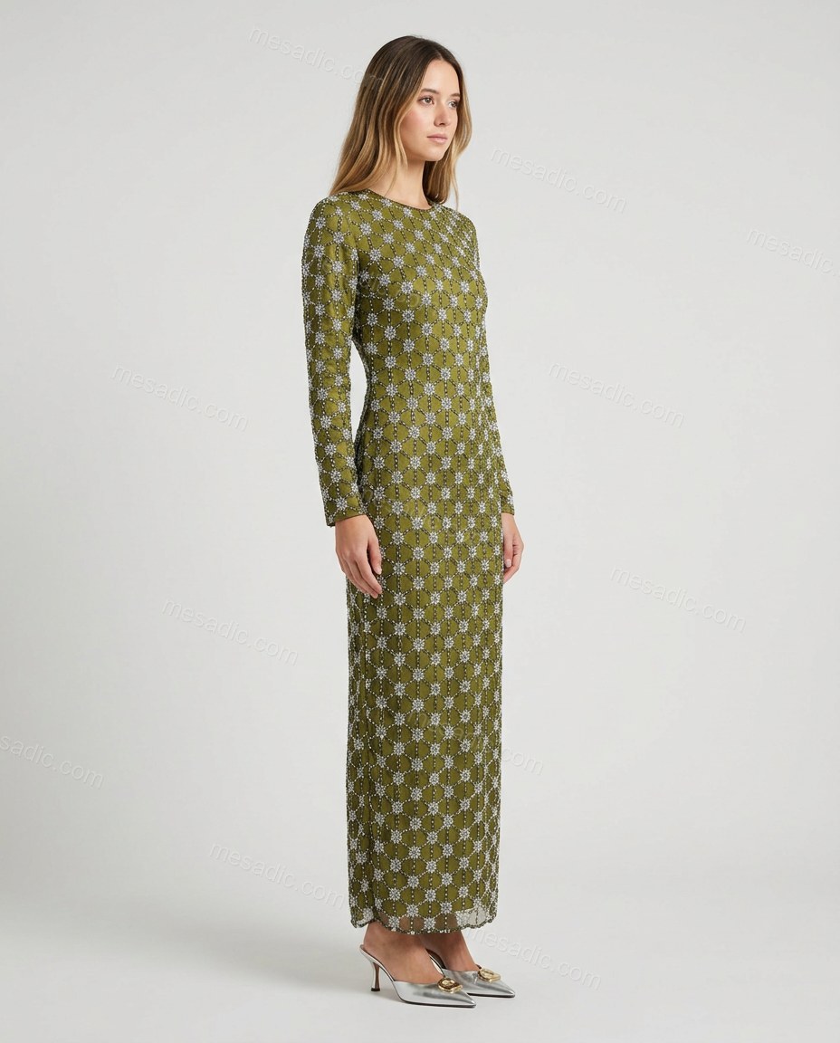 Olive Green Floral Maxi Dress, side and back studio view showing not visible, by mesadic.com