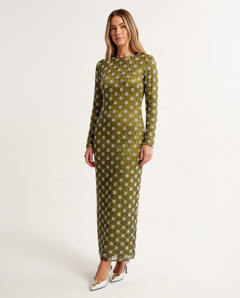 Olive Green Floral Maxi Dress, front studio view, by mesadic.com