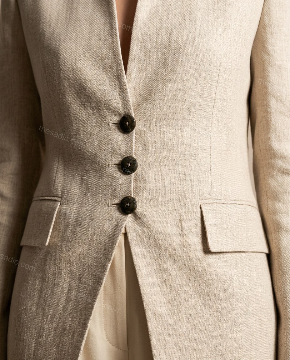 Beige Coat, close-up of light blue accents, front button closure and flap pockets, by mesadic.com