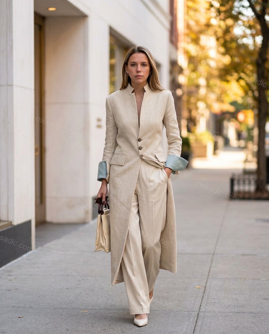 Beige Coat, walking lifestyle view, by mesadic.com