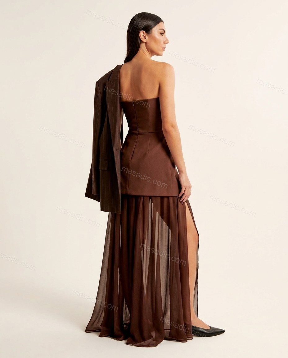 Brown Maxi Strapless Asymmetric Dress, back studio view, by mesadic.com
