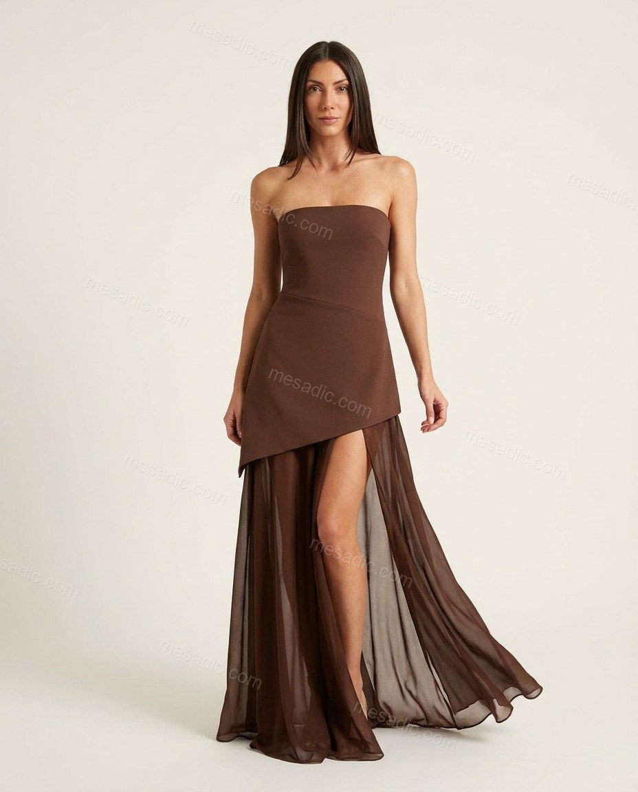 Brown Maxi Strapless Asymmetric Dress, front studio view, by mesadic.com