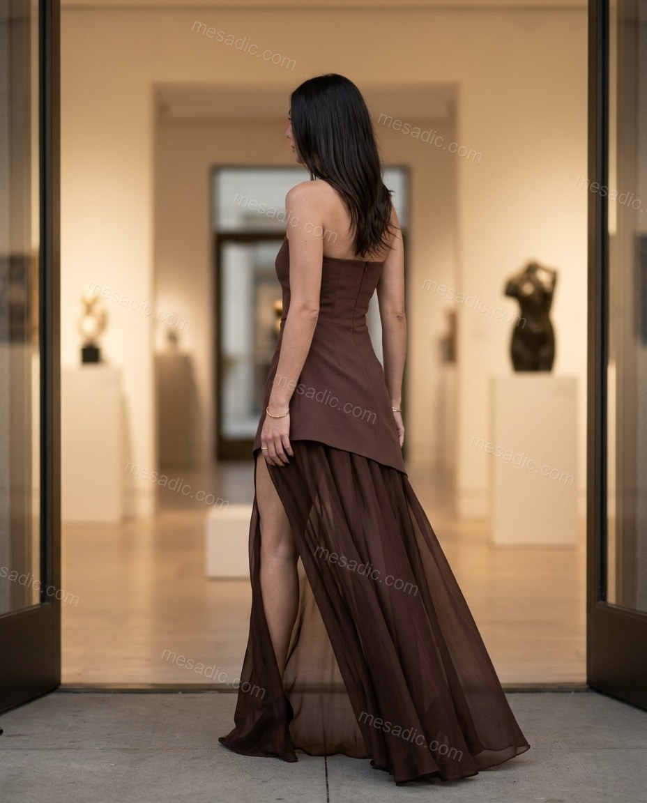 Brown Maxi Strapless Asymmetric Dress, movement and fit lifestyle view, by mesadic.com