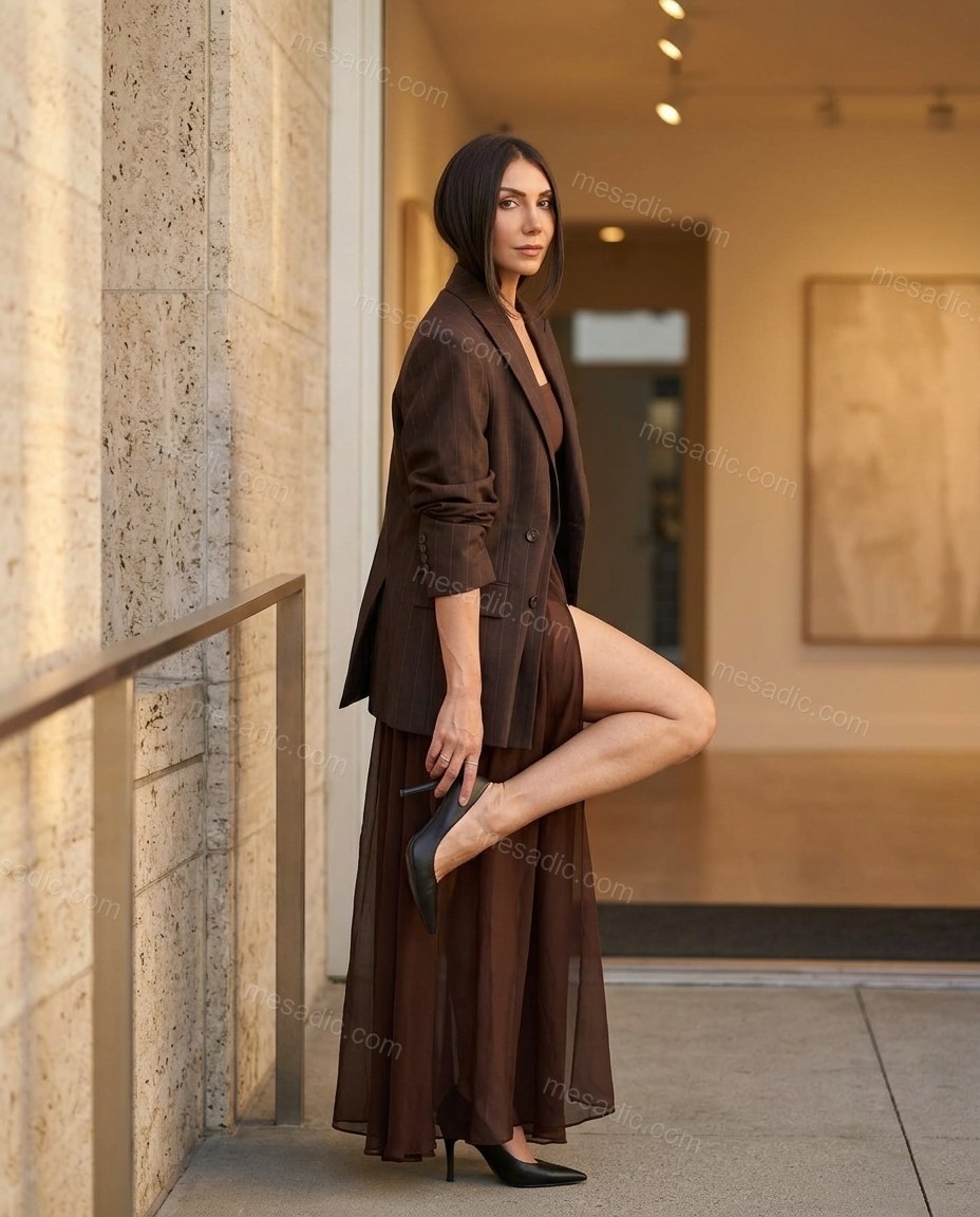 Brown Maxi Strapless Asymmetric Dress, three-quarter brand lifestyle view, by mesadic.com