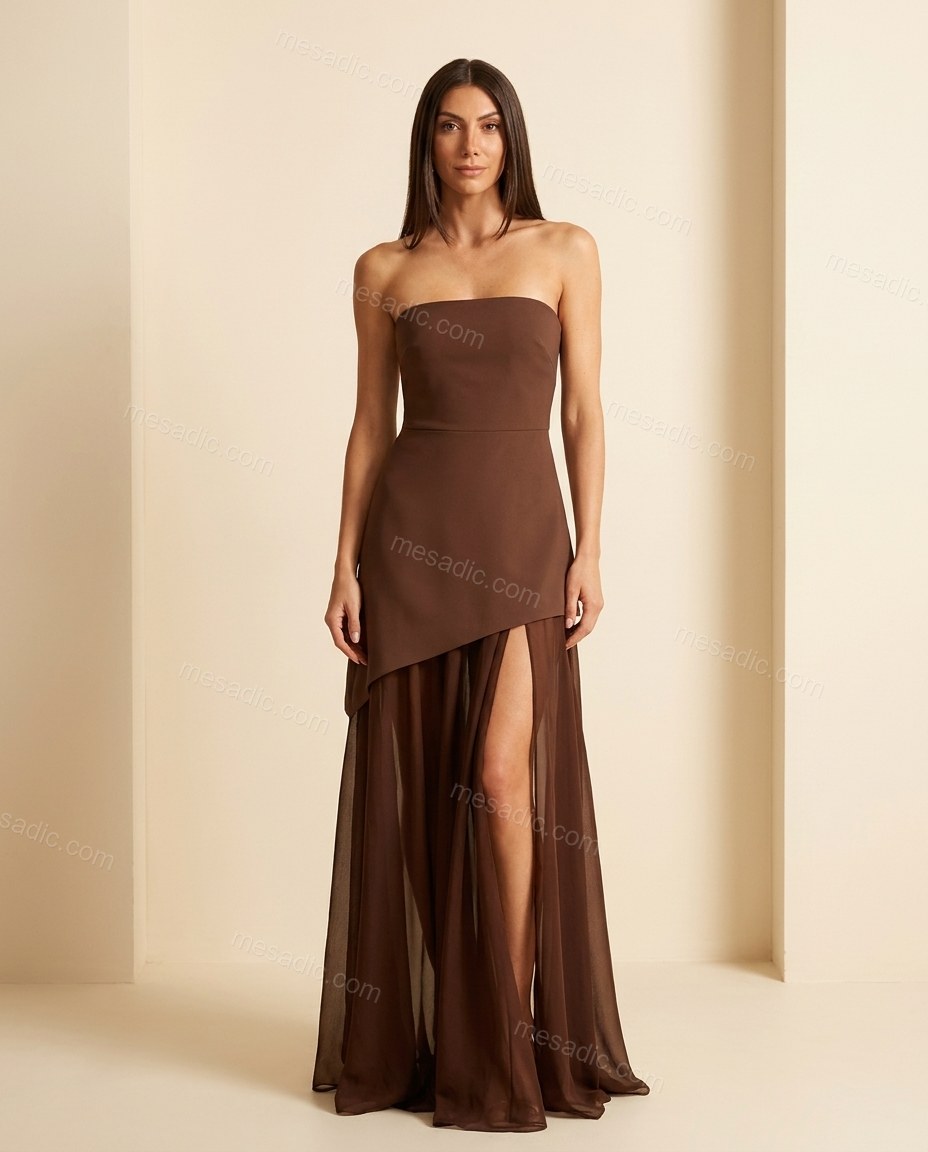 Brown Maxi Strapless Asymmetric Dress, full-length hero view, by mesadic.com