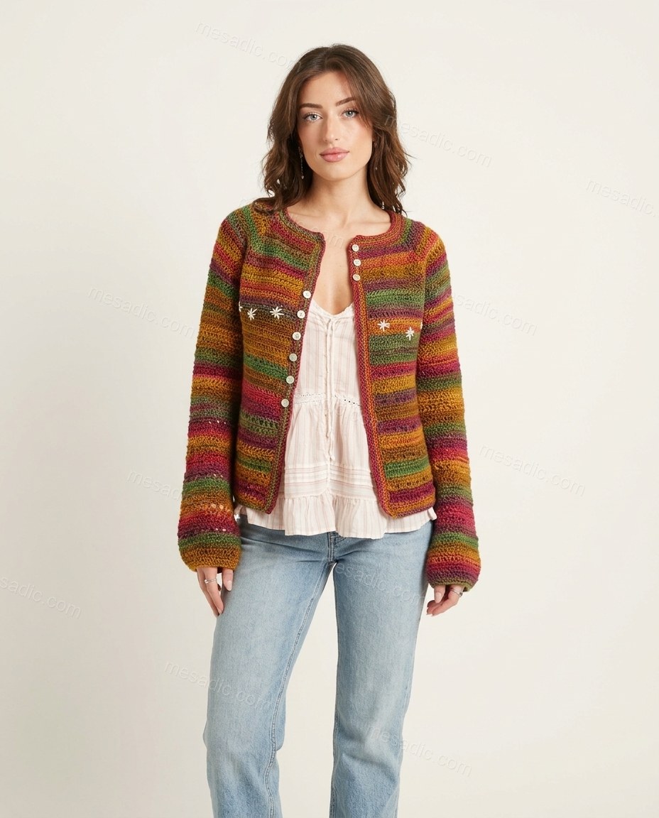 Multi-Color Striped Embroidered Knit Cardigan, front studio view, by mesadic.com