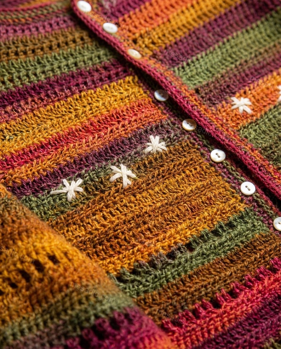Multi-Color Striped Embroidered Knit Cardigan, close-up of striped, by mesadic.com