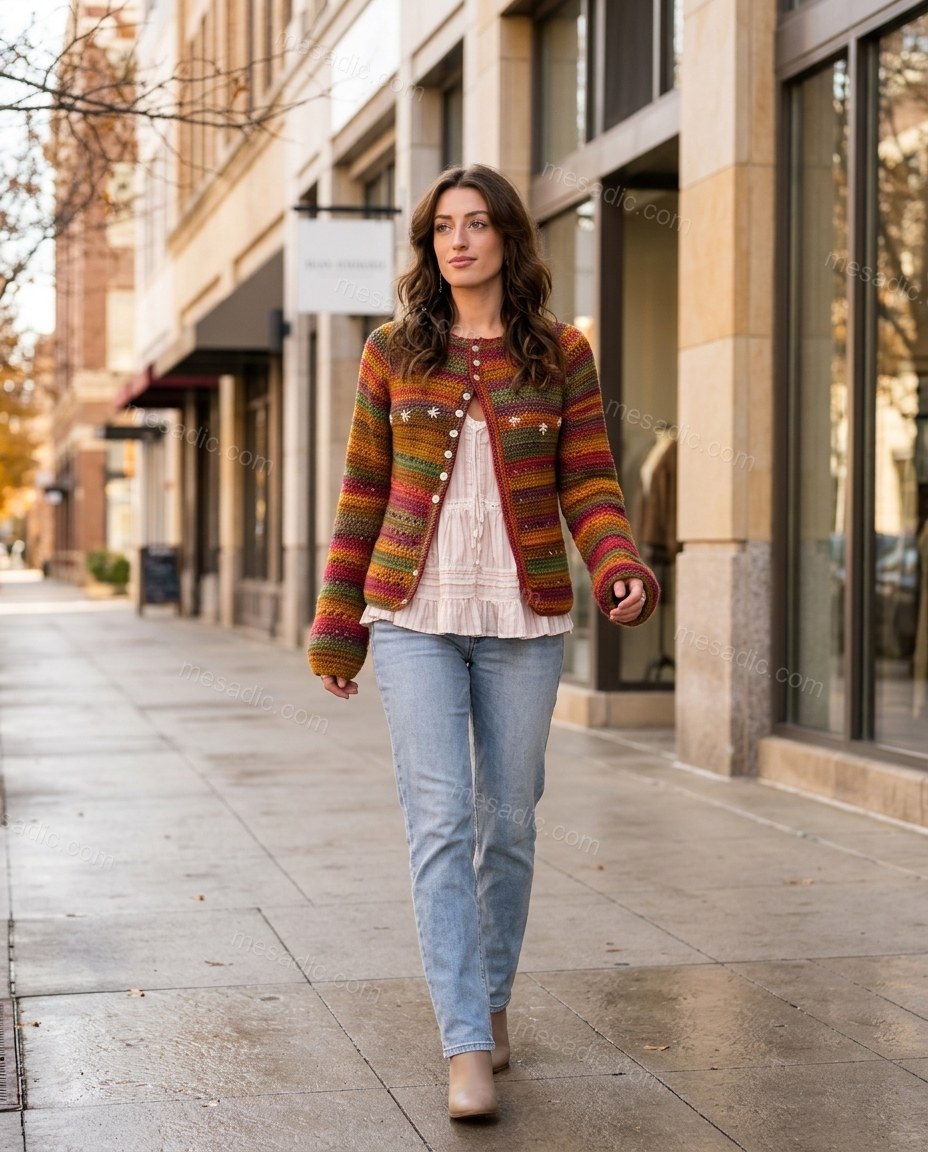 Multi-Color Striped Embroidered Knit Cardigan, movement and fit lifestyle view, by mesadic.com