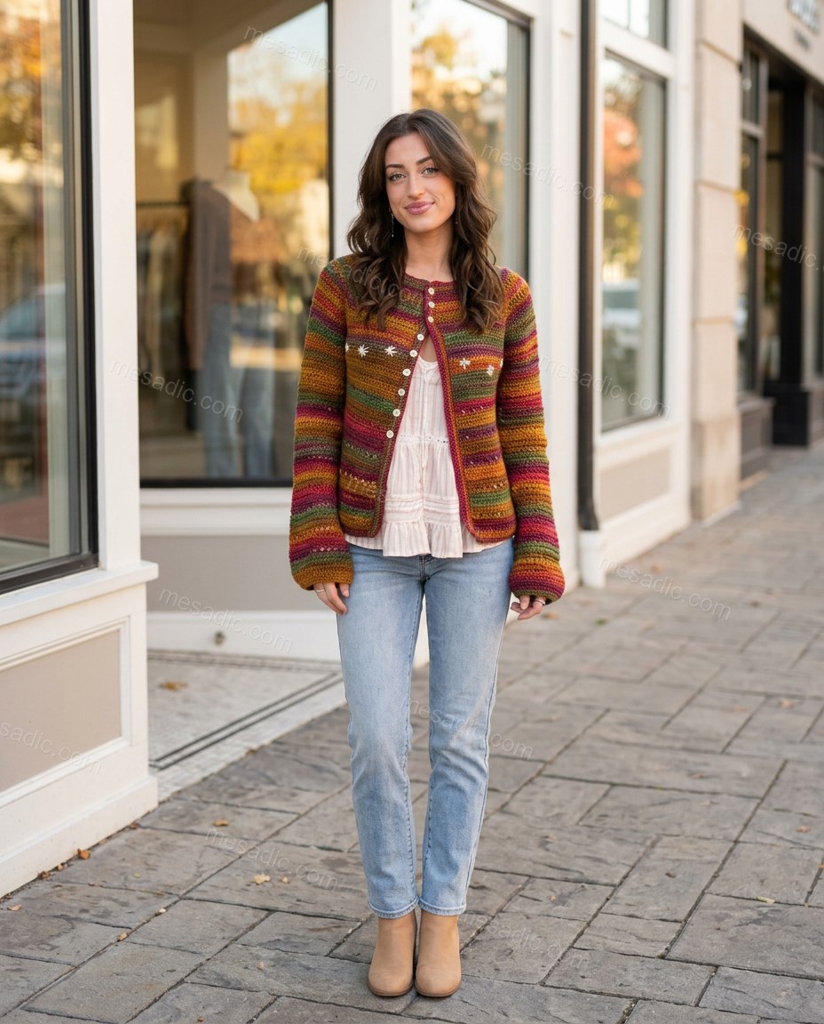Multi-Color Striped Embroidered Knit Cardigan, three-quarter brand lifestyle view, by mesadic.com