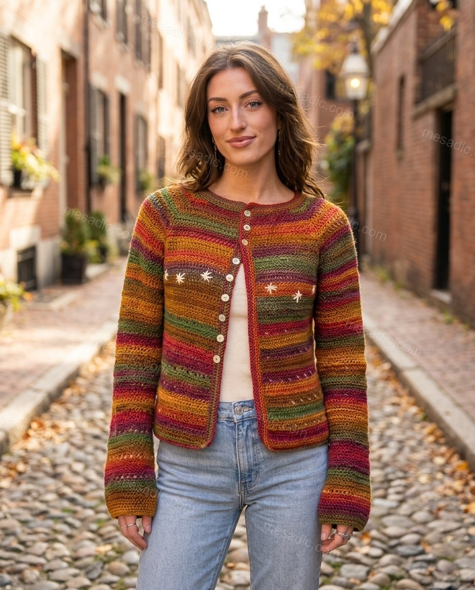 Multi-Color Striped Embroidered Knit Cardigan, full-length hero view, by mesadic.com