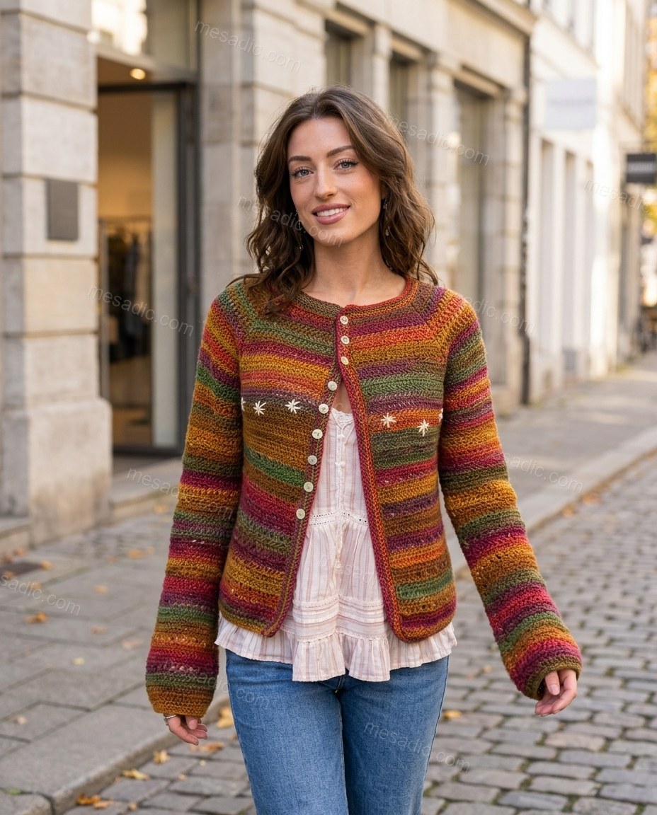Multi-Color Striped Embroidered Knit Cardigan, walking lifestyle view, by mesadic.com