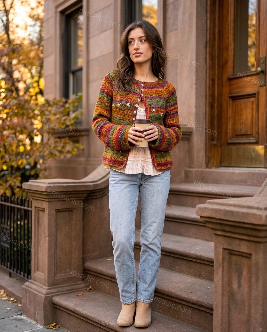 Multi-Color Striped Embroidered Knit Cardigan, alternate use-case lifestyle view, by mesadic.com