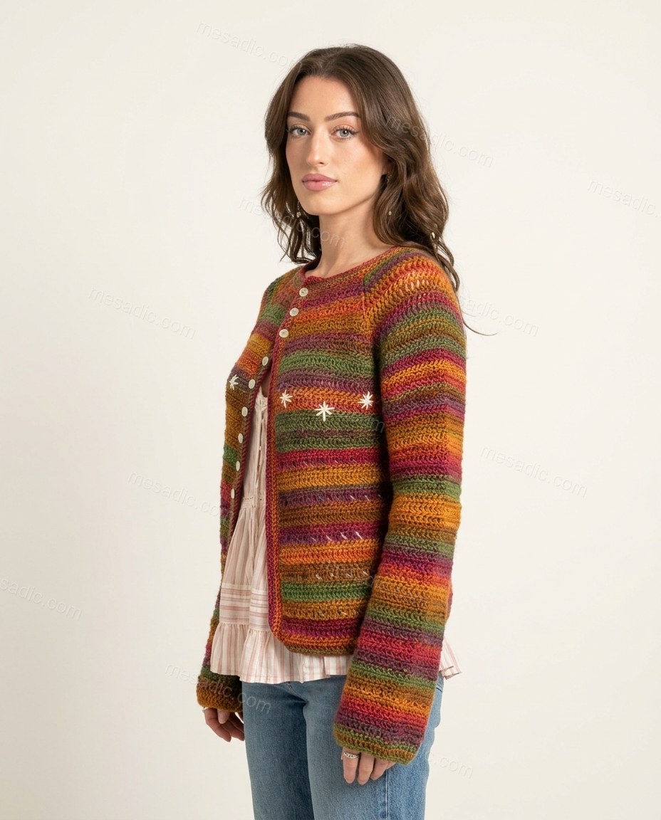 Multi-Color Striped Embroidered Knit Cardigan, side and back studio view showing not visible, by mesadic.com