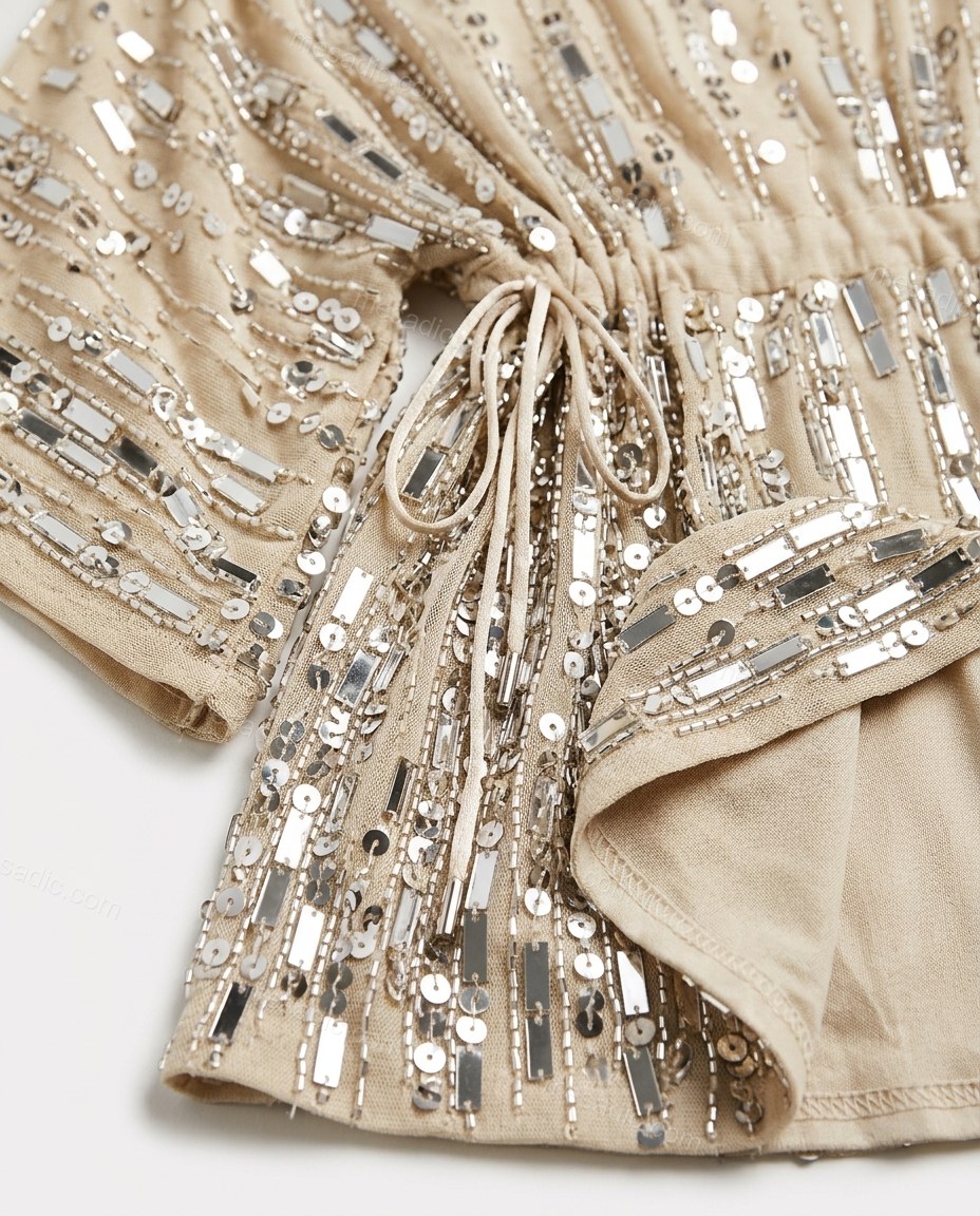 Champagne Mini Dress, close-up of silver accents, drawstring waist and v-neck, by mesadic.com