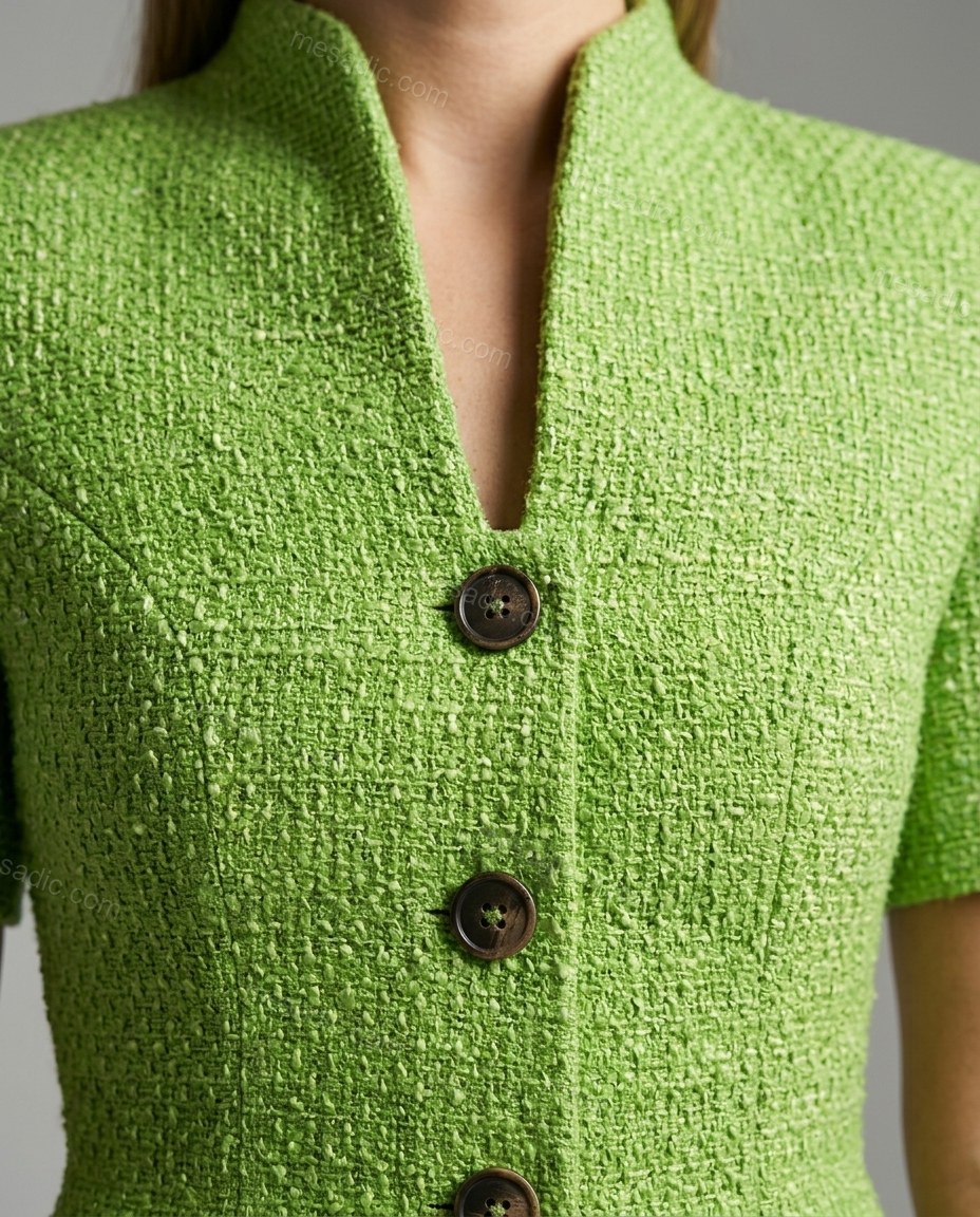 Lime Green Mini Dress, close-up of dark brown accents, full button-front and stand collar, by mesadic.com