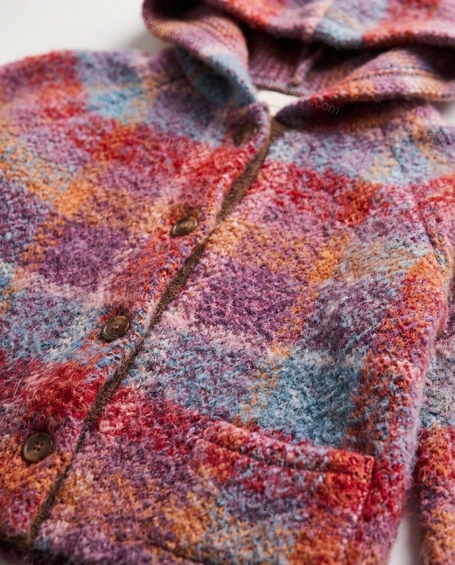 Pink Plaid Knit Cardigan, close-up of plaid, by mesadic.com